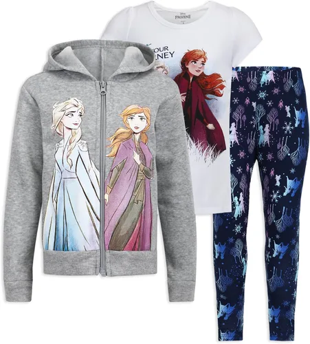 Disney Frozen - Conjunto de camiseta para niñas, sudadera con capucha y pantalones de leggings con cremallera para niños pequeños - Blancogrisazul