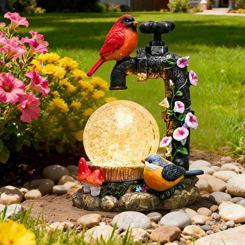 TERESA'S COLLECTIONS Decoración de Jardín, Decoración de Jardín con Cardenal, Linda Figura de Cardenal y Grifo con Luz Solar en Bola de Vidrio,