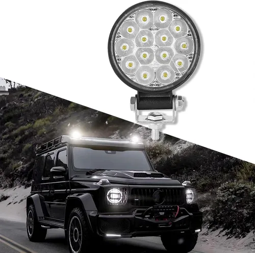 Barra de luz LED redonda, 4.5 pulgadas, 140 W, 14000 lúmenes, luz de inundación todoterreno, foco todoterreno antiniebla para conducción, barra de
