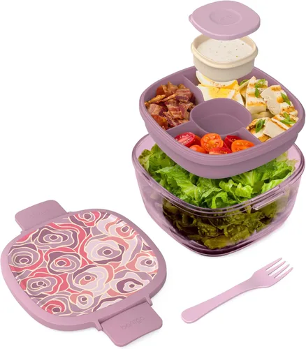 Miniatura 14 de Bentgo Recipiente de Ensalada de Vidrio Todo en Uno - Ensaladera Grande de 61 oz con Tapa, Bandeja Estilo Bento de 4 Compartimentos, Recipiente