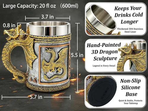 Miniatura 5 de alikiki Medieval DND Dragon Beer Mug - 20 FL oz Dragon Game Mug Stainless Tankard Dungeons and Dragons Gifts for Men GOT Lovers Collector