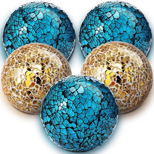 Honeydak 5 bolas decorativas de mosaico de vidrio para centros de mesa, cuencos de cristal, color turquesa, bolas de vidrio decorativas, orbes