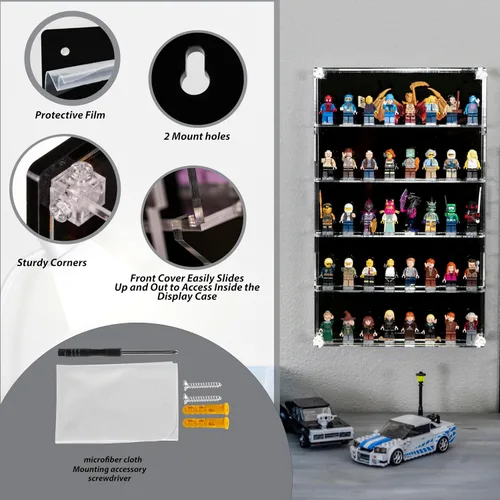 Miniatura 2 de Vitrina de minifiguras de acrílico, estantes de almacenamiento de figuras pequeñas de montaje en pared con fondo negro, capacidad para 40