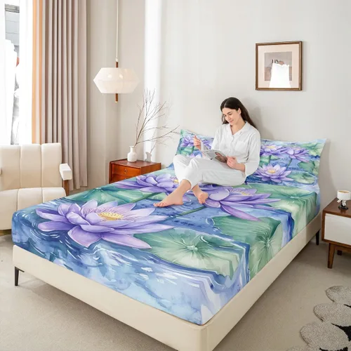 Miniatura 2 de Manfei Sábana bajera ajustable de flor de loto morado, tamaño individual, juego de ropa de cama bohemio de libélula de 2 piezas para niños, niñas