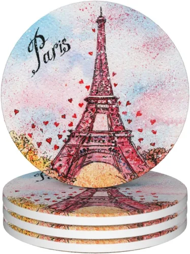 París - Juego de 4 posavasos para bebidas, 4 pulgadas, acuarelas, estilo torre Eiffel, absorbentes de cerámica de diatomita, para mesa de centro con