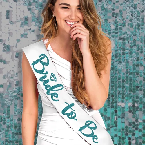 Miniatura 3 de Something Blue Gift for Bride To Be Sash - Banda de satén de grado nupcial - Decoraciones de despedida de soltera azul turquesa, Juego de 2 piezas