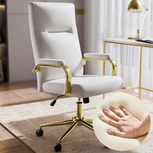 GXJ Silla de oficina blanca y dorada de espuma viscoelástica, sillas de escritorio de cuero blanco con ruedas y brazos, silla de oficina ejecutiva