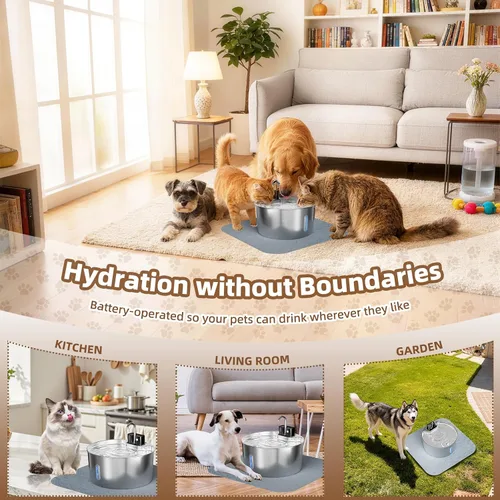 Miniatura 2 de Fuente de agua inalámbrica de acero inoxidable para perros grandes, dispensador de agua para gatos de 7 L/236 onzas, fuente automática de múltiples