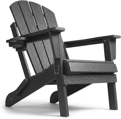 Miniatura 12 de Silla Adirondack plegable de HDPE, silla de patio al aire libre con soporte para tazas, silla de césped de grano de madera resistente a