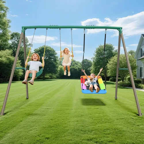 Hapfan Juego de columpios de 2.22m de alto, juego de columpios de metal resistente con 3 columpios para patio trasero, juego de juegos para niños