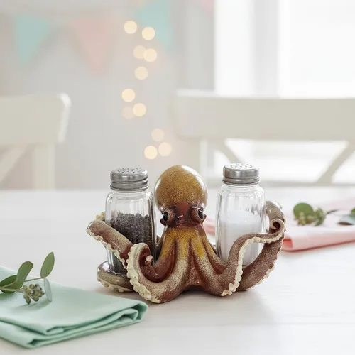 Miniatura 4 de Comfy Hour Dúo decorativo de salero y pimentero de pulpo, hecho a mano artesanal, soporte para mesa de cocina, incluye 2 botellas de vidrio, resina