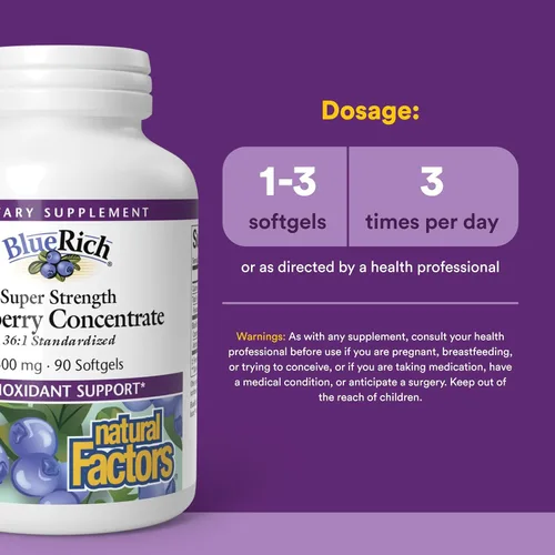 Miniatura 3 de BlueRich by Natural Factors, concentrado de arándanos súper fuerte, apoyo antioxidante para una buena salud general, 90 cápsulas blandas