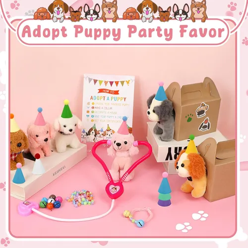 Miniatura 5 de Conjunto de Favores de Fiesta para Adoptar un Perro - 12 piezas de cachorros de peluche con sombreros de fiesta incluye casa de papel, cerca