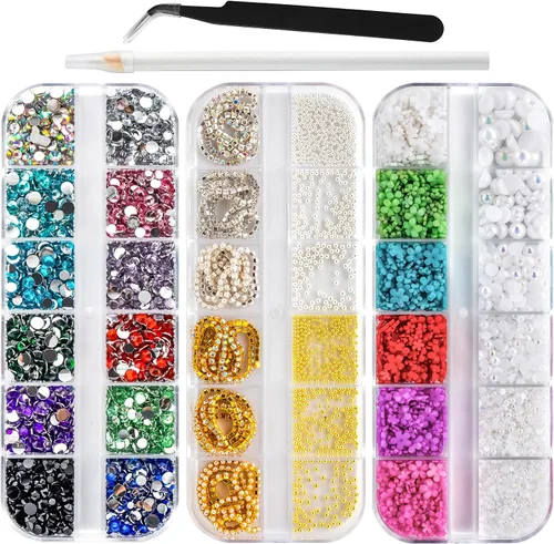 Miniatura 7 de 3 cajas de 6600 piezas de diamantes de imitación para arte de uñas, perlas semicirculares, gemas multicolor para uñas AB con parte trasera plana