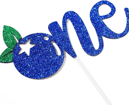 Miniatura 6 de Calarjeta Decoración para pastel de primer cumpleaños de arándanos, papel apto para alimentos, 4.2 x 5.9 pies, purpurina azul y verde, decoración