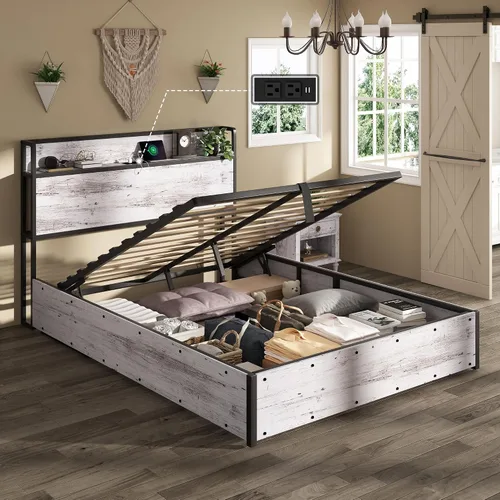Miniatura 14 de AMERLIFE Marco de Cama de Almacenamiento Elevable Tamaño Completo, Marco de Cama de Plataforma de Madera con Almacenamiento Elevable y Estación