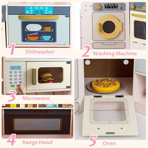 Miniatura 4 de INFANS Cocina esquinera para niños, juego de madera con carrito telescópico, luces realistas, sonidos, máquina de hielo, cajones de tela, horno
