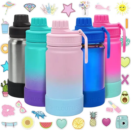 Miniatura 34 de CHILLOUT LIFE Botella de agua aislada para niños de 12 onzas para la escuela con tapa de boquilla a prueba de fugas y bonitas calcomanías Azul