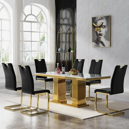 Miniatura 11 de 5 Piece Black Marble Dining Table Set for 4, Modern Faux Marble Kitchen Dining Room Tables with 4 Leather Chairs Set, 68.11" Luxury Rectangular