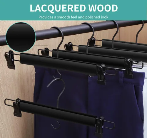 Miniatura 5 de Perchas de madera negra para pantalones y faldas, paquete de 10, gancho recubierto de reducción de ruido de alta calidad, clips duraderos de agarre