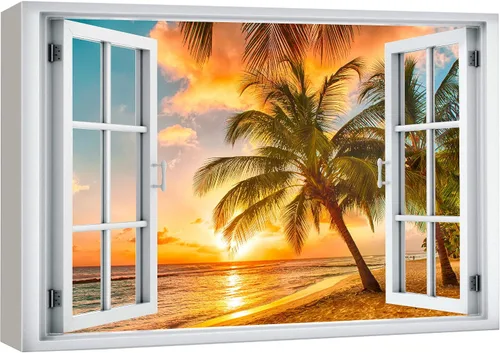 wall26 - Cuadro en lienzo para pared, vista de ventana, atardecer neón, cielo, palmera tropical, playa, naturaleza, desierto, fotografía, realismo,