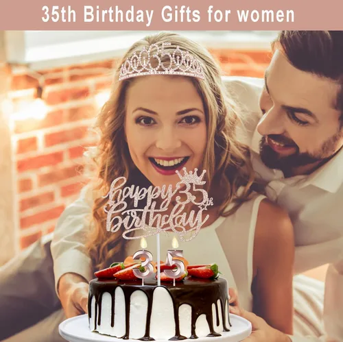 Miniatura 2 de Decoraciones de cumpleaños de 35 años para mujer, que incluye banda, tiara/corona, velas numéricas y adorno para pastel; regalos de cumpleaños de 35