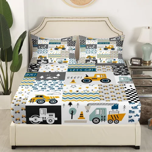 Miniatura 3 de Manfei Juego de sábanas de caricaturas para niños, tamaño individual, juego de ropa de cama de tractor de vehículos de construcción, decoración