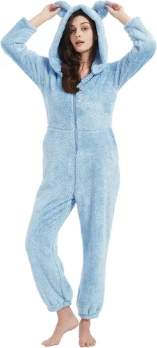 Miniatura 4 de COZYPOIN Pijama con capucha de forro polar para mujer, con cremallera, ropa de dormir con orejas