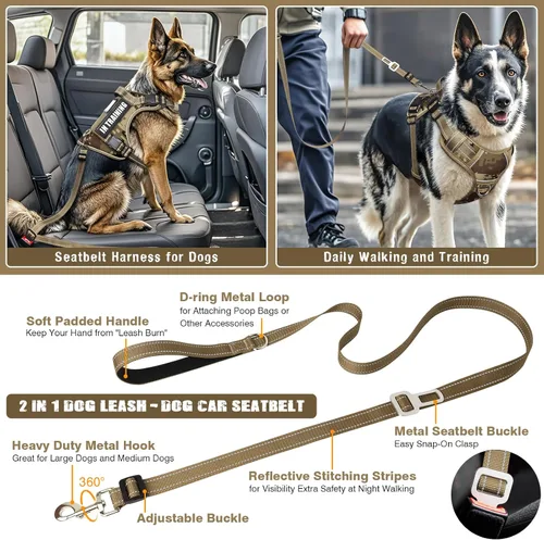 Miniatura 4 de Juego de arnés táctico para perros y correa para perros grandes, chaleco de perro de servicio resistente sin tirones y 10 parches con cinturón