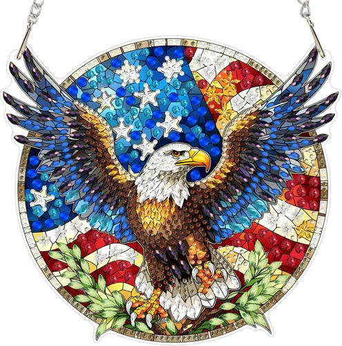 MXJSUA Atrapasoles con pintura de diamante de águila calva americana, kits de arte de diamantes para adultos, adornos colgantes con cadena, forma