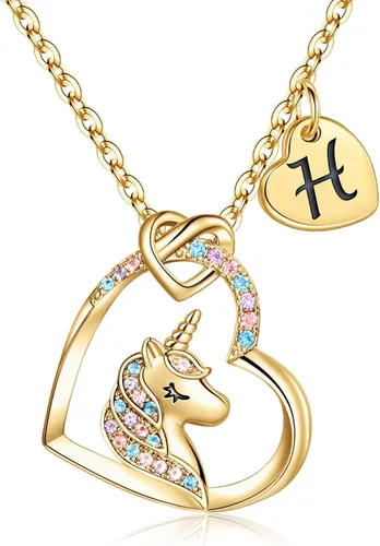 Collar de unicornio para niñas, chapado en oro de 14 quilates, oro blanco, oro rosa, colgante de corazón de circonita cúbica colorido, collar de