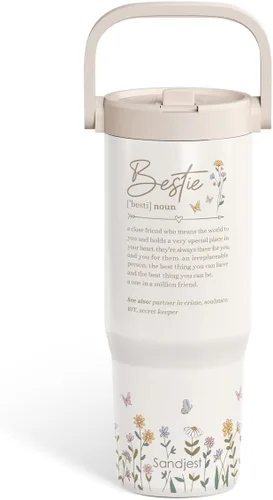 SANDJEST Besties - Vaso de acero inoxidable con tapa para pajita de 30 onzas con asa de transporte para mujeres, niñas, mejores amigas, taza de café