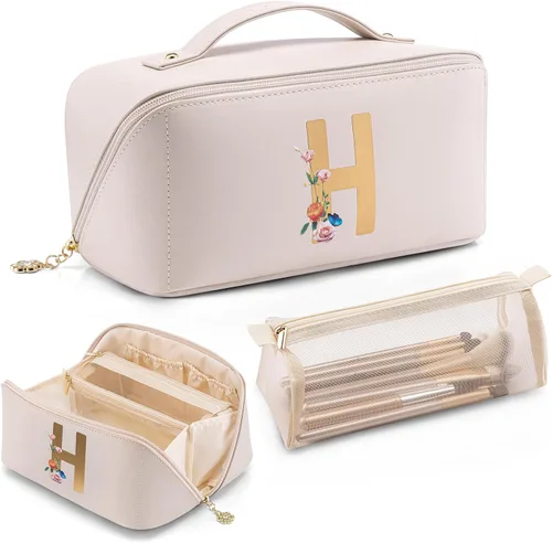 Miniatura 16 de Vlando Bolsa de maquillaje de viaje, neceser para mujer, piel sintética, abierta, plana, bolsa de maquillaje, Clásico elegante