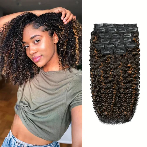 Miniatura 16 de Extensiones de cabello rizado kinky con clip para mujeres negras 14 pulgadas 2# marrón oscuro extensiones de cabello rizado con clip cabello humano