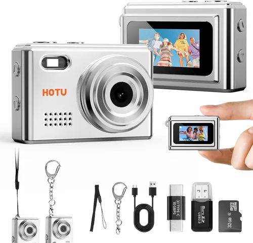 Miniatura 12 de HOTU Mini cámara digital, llavero 1080P HD con lente de 2MP, flash, grabación de video, tarjeta 32G incluida, cámara retro portátil y compacta