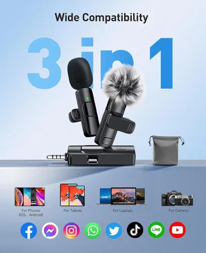 Miniatura 9 de MENERESAS Mini micrófono 3 en 1 para iPhone: Micrófonos Lavalier inalámbricos para iOS/Android/Cámara - Micrófono de solapa con reducción de ruido