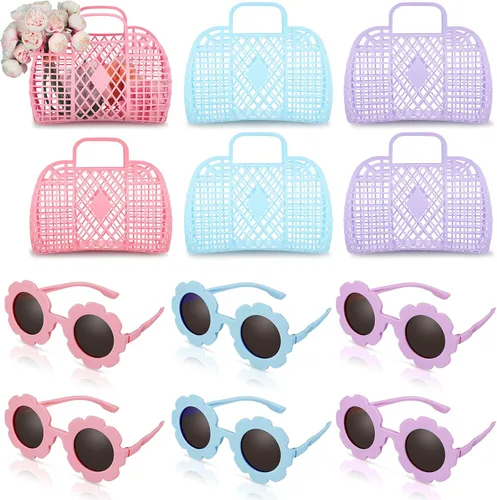 Sweetude 6 juegos de bolsas de gelatina con lentes de sol de flores para niñas y mujeres, 6 bolsas de gelatina de plástico, bolsa de gelatina, cesta