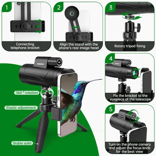 Miniatura 5 de Telescopio monocular de 80 x 100 de alta potencia para smartphone, monoculares de alta definición para adultos con adaptador/trípode