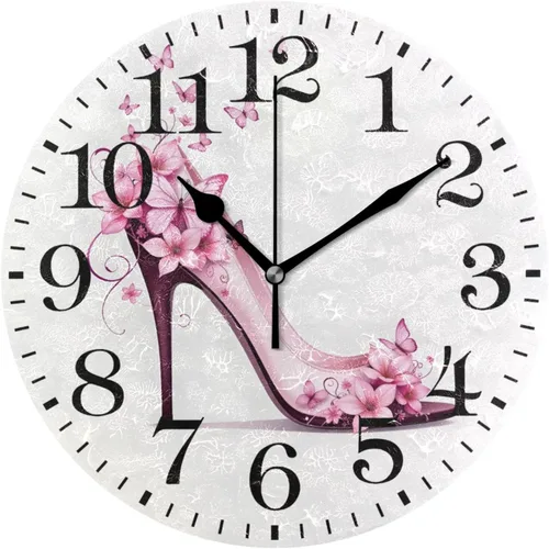 ALAZA Zapatos de decoración del hogar en tacón alto con mariposa redonda de acrílico 9.84 pulgadas, reloj de pared sin tictac, arte silencioso para
