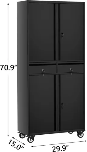 Miniatura 2 de GarveeHome Armario de almacenamiento de metal de 72 pulgadas con ruedas, puertas de bloqueo y 2 cajones, organizador de garaje rodante resistente