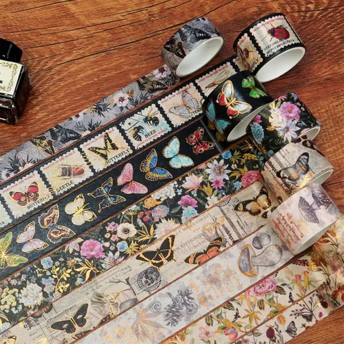 Miniatura 4 de Juego de 18 rollos de cinta washi con diseño de mariposa, de lámina dorada, para manualidades, manualidades, diarios, planificadores, álbumes