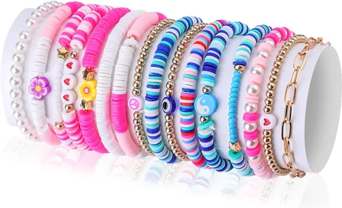 16 pulseras Preppy, coloridas pulseras de joyería Heishi Y2K para niñas, estéticas, bohemias, con cuentas, elásticas, de verano, playa, joyería para