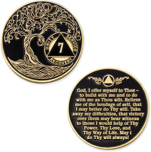 Miniatura 3 de 7 Year Sobriety Mint Twisted Tree of Life Medallón de recuperación AA chapado en oro, chip/ficha - negro