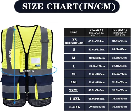 Miniatura 2 de A-SAFETY Chaleco de seguridad de alta visibilidad con 4 tiras reflectantes y 7 bolsillos, color amarillo y azul marino, talla XS