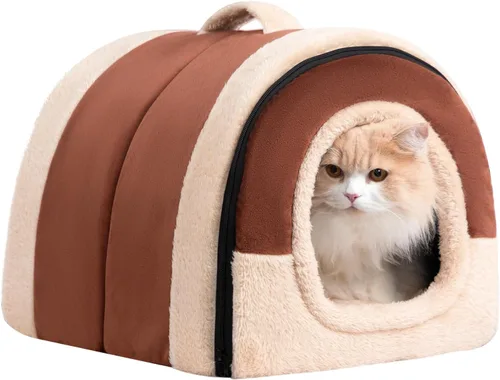 Hollypet Cama para gatos autocalentable 2 en 1, plegable, cueva, cabaña, nido para mascotas, condominio para mascotas de terciopelo de cristal para