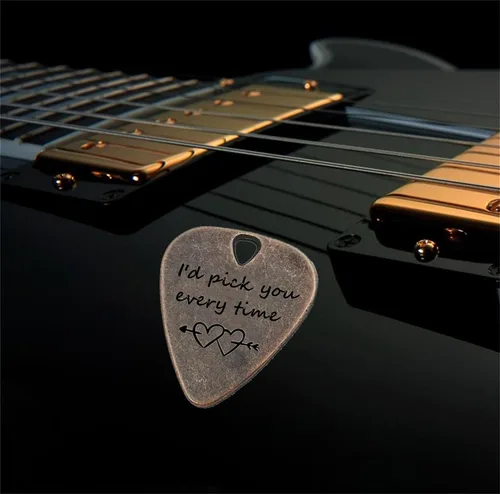 Miniatura 5 de JUPPE Púas de guitarra, púa de guitarra de bronce "I'd Pick You Every Time" con estuche de cuero, regalos de cumpleaños musicales para parejas
