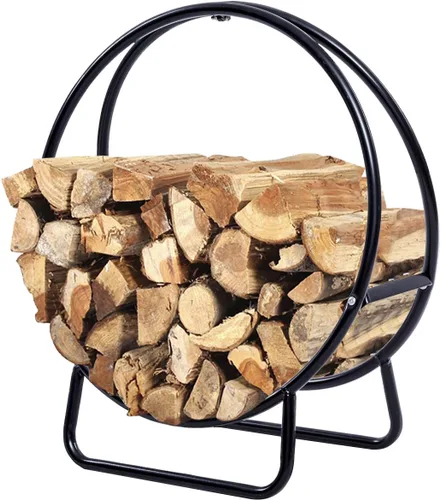 Miniatura 2 de COSTWAY Estante para leña de 41 pulgadas, soporte de madera de acero con recubrimiento en polvo con diseño de doble anillo, aro de leña
