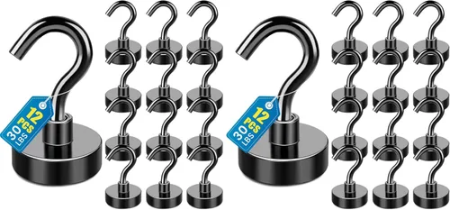Miniatura 30 de LOVIMAG - Ganchos magnéticos, imanes de 30 libras con ganchos para crucero, ganchos magnéticos negros para colgar, refrigerador, aula, nevera