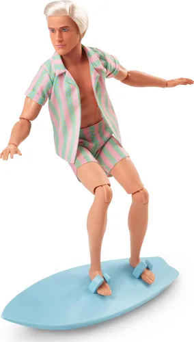 Miniatura 3 de Barbie The Movie Ken Doll con juego de playa a rayas rosa pastel y verde con tabla de surf y zapatillas blancas