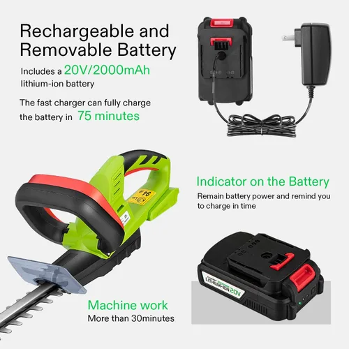 Miniatura 4 de VIVOSUN Cortasetos inalámbrico de 20", recortadora eléctrica de arbustos de 20V, recortadora de arbustos de 1400 RPM, hoja láser de doble acción